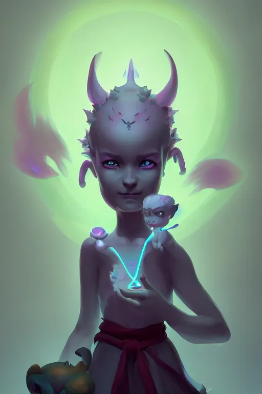 Prompt: super cute Bioluminescent Demon summoner character concept, single head, no double head, soft light, soft mood, realistic body features and face, illustration, painting oil on canvas by Elena Zhurikhina and Goro Fujita and Charlie Bowater, octane render trending on artstation, 4k, 8k, HD