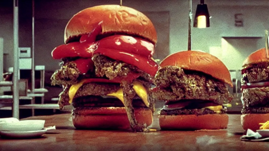 Image similar to the strange burger creature at the fast food place, film still from the movie directed by denis villeneuve and david cronenberg with art direction by salvador dali and zdzisław beksinski, wide lens