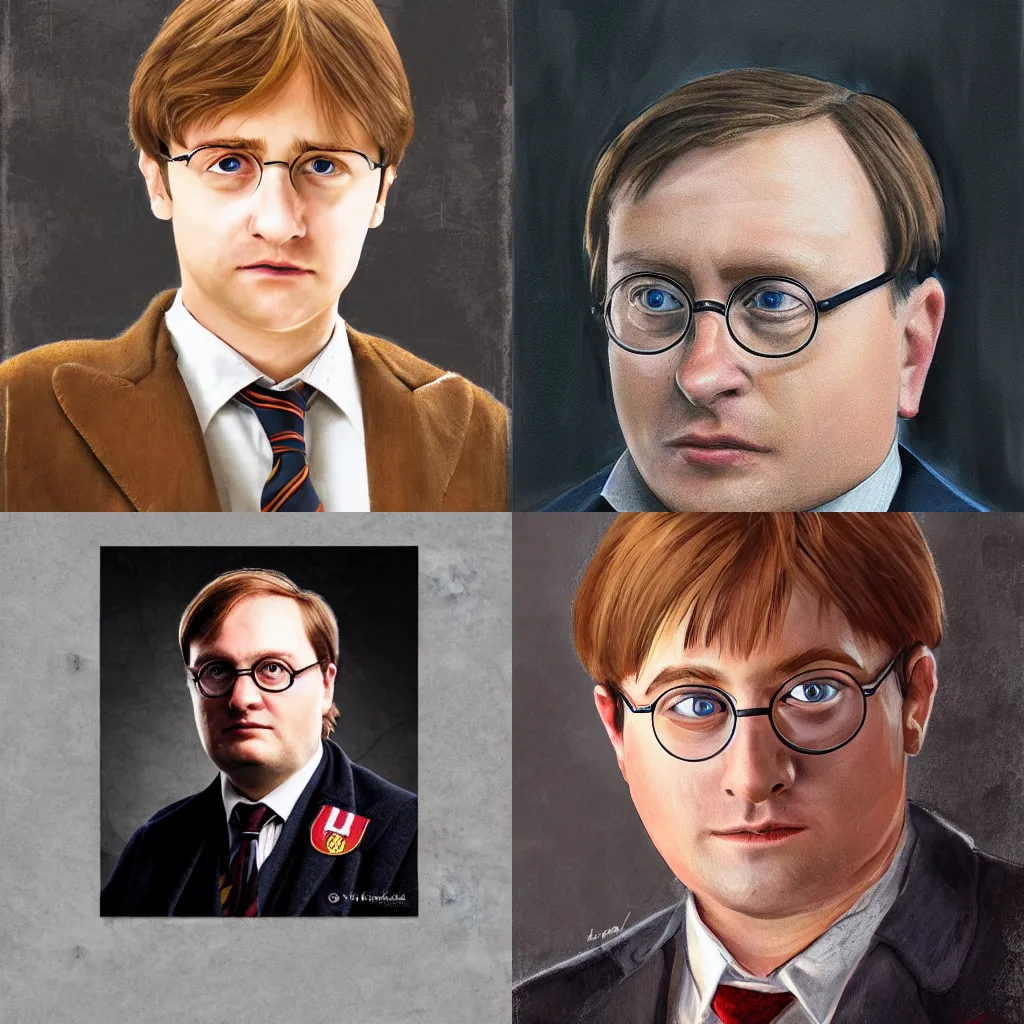 Prompt: photorealistic portrait of Francois Holland in style Harry Potter, background Hogwarts