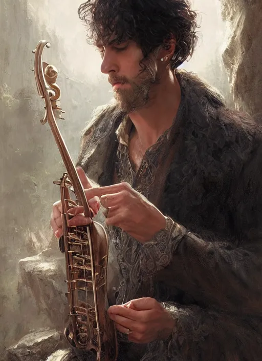 Image similar to realistic portrait painting of a male fantasy bard, old mystic ruins, afternoon, intricate, elegant, highly detailed, digital painting, sharp, focus, by artgerm and greg rutkowski