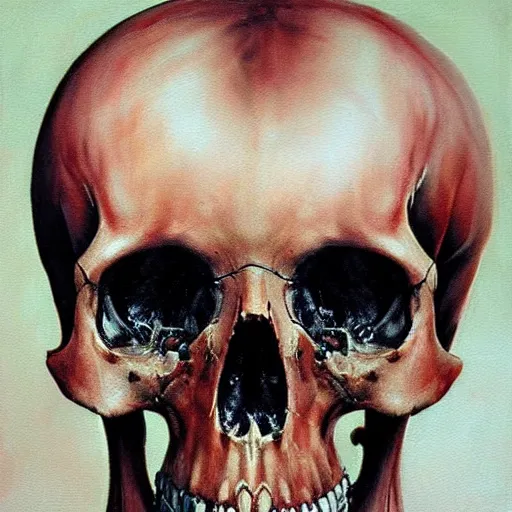 Prompt: human skull, hyper - realistic oil painting, body horror, biopunk, by ralph steadman, francis bacon, hunter s thompson