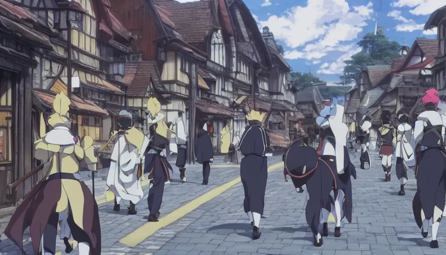 Image similar to Camera focusing on Ais-Wallenstein • walking through the middle of an isekai town street • cinematic anime screenshot by the Studio JC STAFF