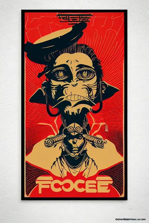 Prompt: monkey face tattoo propaganda screen printing poster, art style wwii posters, jean giraud moebius comic art, sachin teng, shepard fairey, obey, street art, iconic, masterpiece, organic painting, hard edges, ornate and hyper detailed