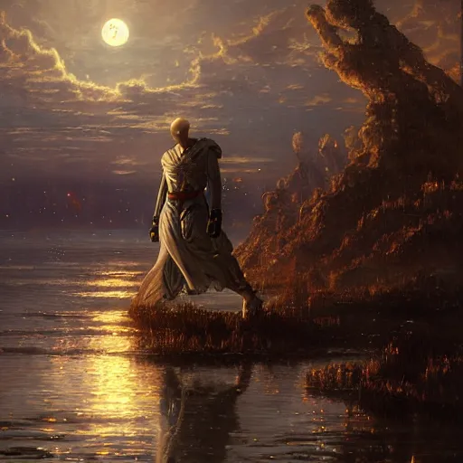 Prompt: saitama floating high in the night, fantasy, full moon in background. highly detailed painting by gaston bussiere, craig mullins, j. c. leyendecker, mid shot, 8 k realistic, cryengine, frostbite 3 engine, sharp focus