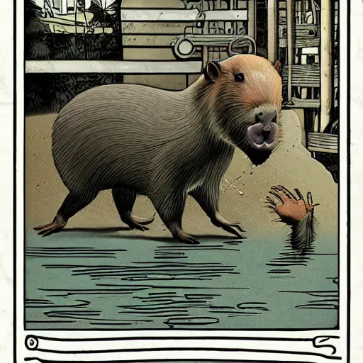 Image similar to evil capybara, campy horror illustration, highly detailed and disturbing