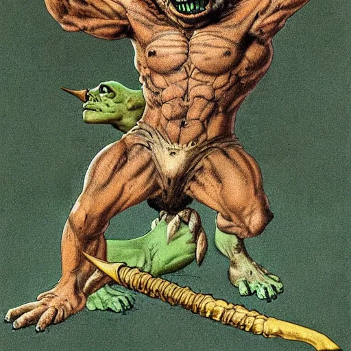 Image similar to dog - faced muscular goblin, ugly face, lizard tail, holding scimitar made of bone, scimitar, colorized, green skin, hyper - detailed, primeval fantasy, prehistoric fantasy, drawn by frank frazetta