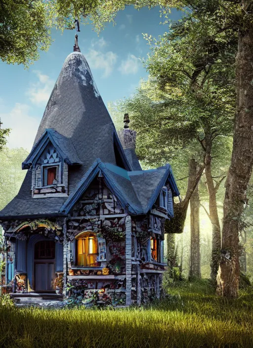 Image similar to hyper realistic homely ornate witch cottage architectural, in the woods gorgeous lighting, blue sky, highly detailed, lush forest architectural render, octane render, ue 5 raytraced