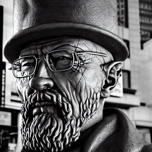 Image similar to a long shot of a very detailed renaissance sculpture of walter white in a hat by michelangelo, standing in times square, 3 d render, hyper detailed, sharp focus, 8 k resolution