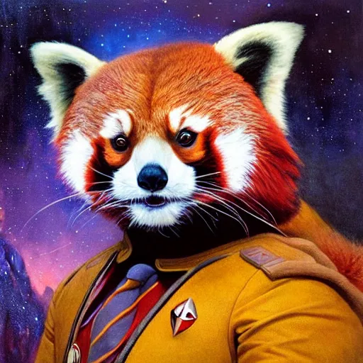 Image similar to a portrait of a male red panda in starfleet uniform at night in a dark forest. zootopia fursona furaffinity furry art detailed face painting by gaston bussiere craig mullins jc leyendecker gustav klimt artgerm greg rutkowski furry