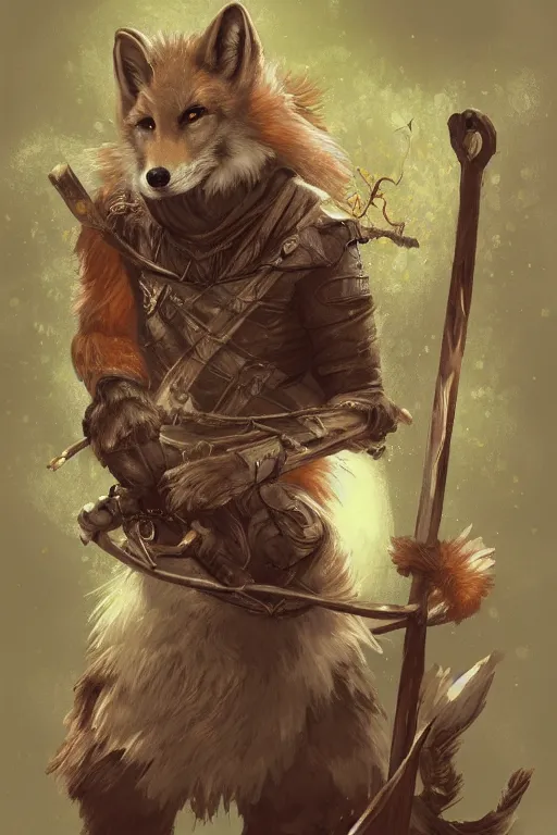Image similar to a medieval anthropomorphic werefox archer with a fluffy tail in the forest as a dnd character, trending on artstation, cgsociety