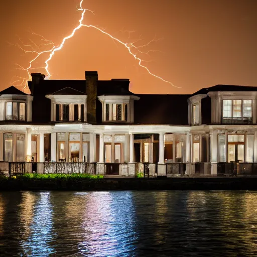 Image similar to a gatsby mansion on the lakefront at night, dynamic lightning, natural lighting, 8k, photo