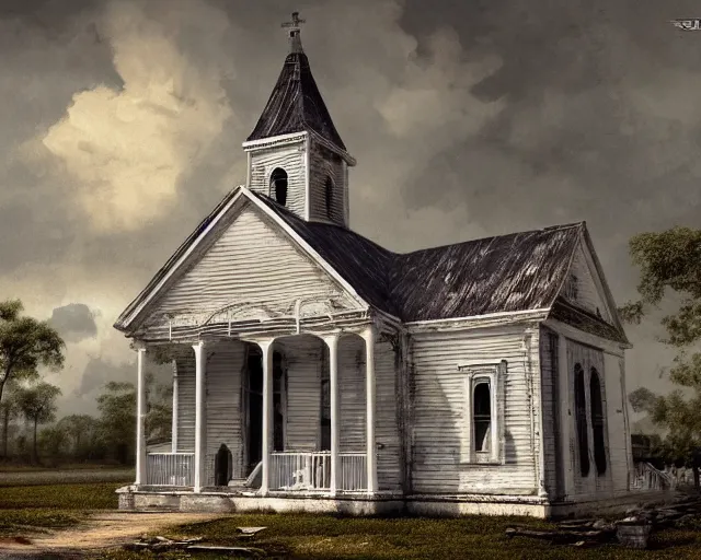 Image similar to Burning white old church, 19th century southern gothic scene, typical louisiana background, digital art, highly detailed, intricate, sharp focus, Trending on Artstation HQ, deviantart, 4K UHD image