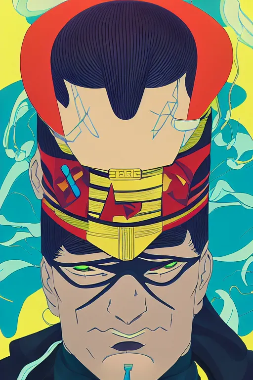 Image similar to abstract portrait of kongming as superhero, 6 0 s anime art, floating detailes, very detailed face, leaves by miyazaki, colorful palette illustration, kenneth blom, mental alchemy, james jean, pablo amaringo, naudline pierre, contemporary art, hyper detailed