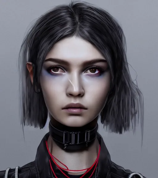 Prompt: detailed realistic female character cyberpunk wearing thick steel collar around neck, realistic, art, beautiful, 4K, collar, choker, collar around neck, punk, artstation, detailed, female, woman, choker, cyberpunk, neon, punk, collar, choker, collar around neck, thick collar, tight around neck, punk, symettrical eyes,