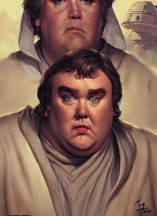 Image similar to hyper realistic, zoomed out portrait of john candy in star wars as leia, stoned, by greg rutkowski, scott m fischer, artgerm, loish, slight glow, atmospheric, anne stokes, alexandros pyromallis