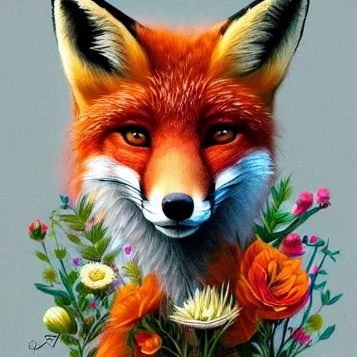 Prompt: portrait of a fox made of flowers, fantasy art, trending on artstation, beautiful art, intricate, elegant, highly detailed, digital painting