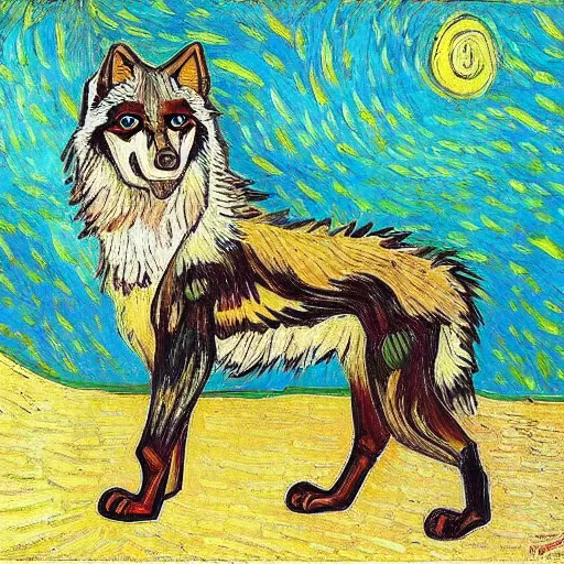 Image similar to painting of retarded wolf, vivid colors, van gogh