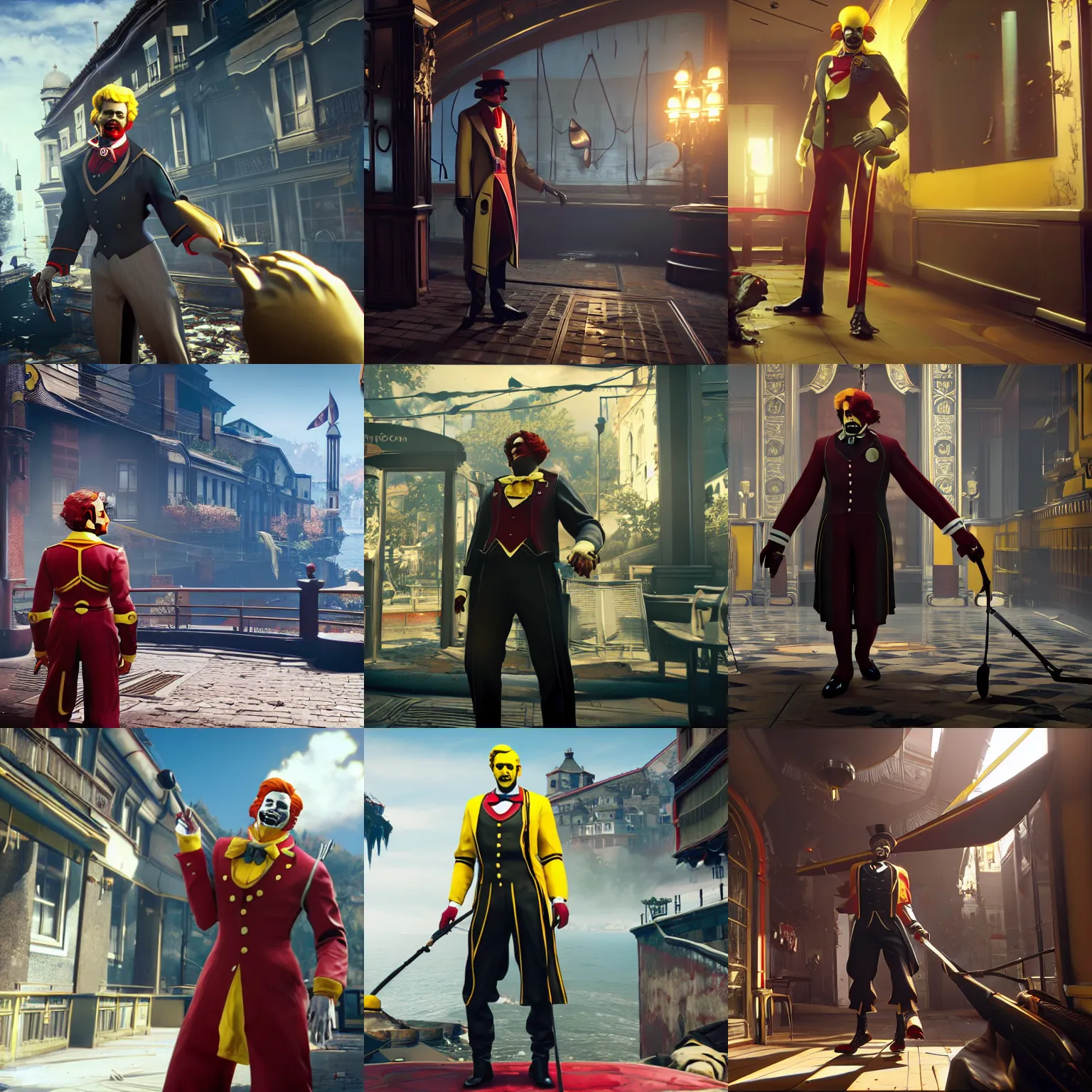 Prompt: ronald mcdonald in dishonored 2, first person, game screenshot