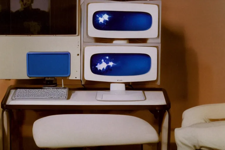 Image similar to an extremely realistic life-sized computer mainframe made of porcelain, beautiful model made of plastic sitting on a starry blue couch, from 1985, bathed in the glow of a crt television, low-light photograph