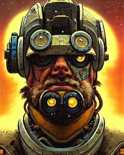 Image similar to torbjorn from overwatch, character portrait, portrait, close up, concept art, intricate details, highly detailed, vintage sci - fi poster, retro future, vintage sci - fi art, in the style of chris foss, rodger dean, moebius, michael whelan, and gustave dore
