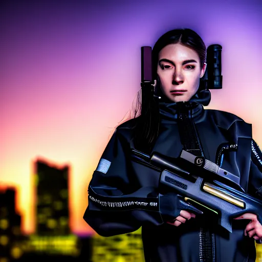 Image similar to photographic portrait of a techwear woman holding a shotgun, closeup, on the rooftop of a futuristic city at night, sigma 85mm f/1.4, 4k, depth of field, high resolution, 4k, 8k, hd, full color, Die Hard, movies with guns, movie firearms