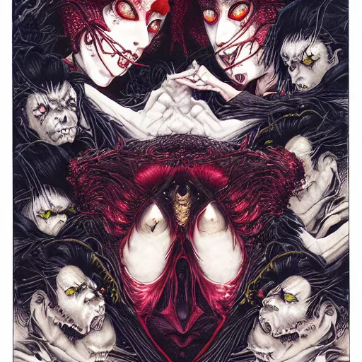 Image similar to portrait of vampire kiss, symmetrical, by yoichi hatakenaka, masamune shirow, josan gonzales and dan mumford, ayami kojima, takato yamamoto, barclay shaw, karol bak, yukito kishiro