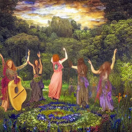 Image similar to preraphaelite hippies dancing in a flower forest, magic occult ceremony ritual summoning guitar, flowing forms, viewed from below, ultra wide angle, beautiful sky, highly detailed