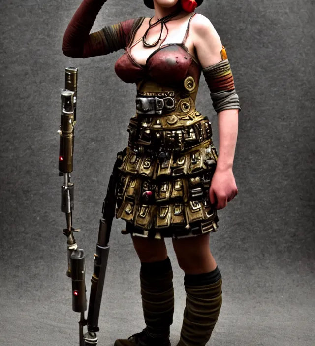 Image similar to full length photograph of a real - life very beautiful atompunk warrior. extremely detailed. dslr. 8 5 mm.