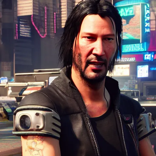 Image similar to Keanu Reaves in the Cyberpunk 2077 game