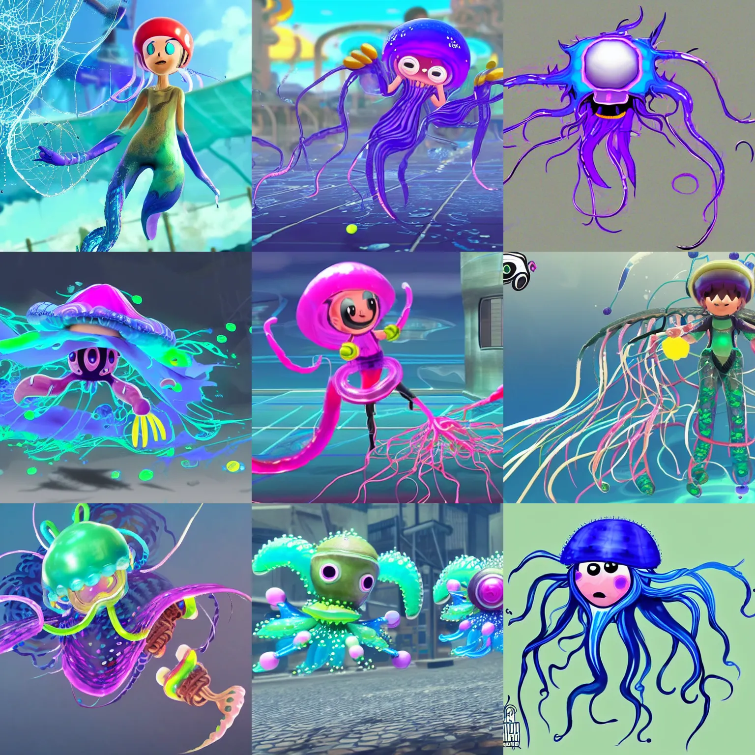 Prompt: new character designs for a playable portuguese man o war jellyfish character in the splatoon game series by nintendo