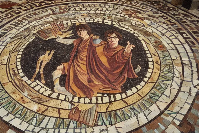 Image similar to harry potter as an ancient greek floor mosaic