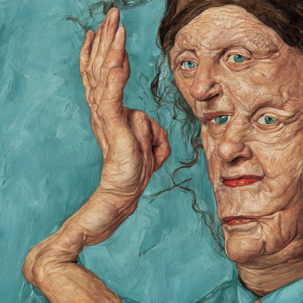 Prompt: high quality high detail painting by lucian freud, jenny savile, portrait, turquoise, hd