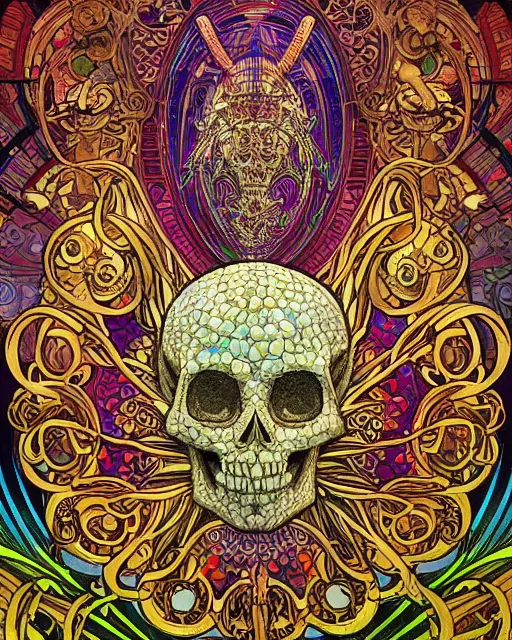 Prompt: Carved alien skull art surrounded by varities of corn, cell shading, voronoi, fibonacci sequence, sacred geometry by Alphonse Mucha, Moebius, hiroshi yoshida, Art Nouveau, colorful, ultradetailed, vivid colour, 3d