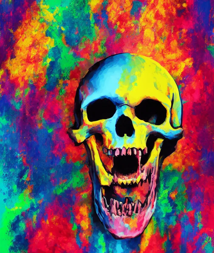 Prompt: a colorful portrait painting of a screaming man with a skull as his head, in the style of stephen gibb, digital art, 4 k,