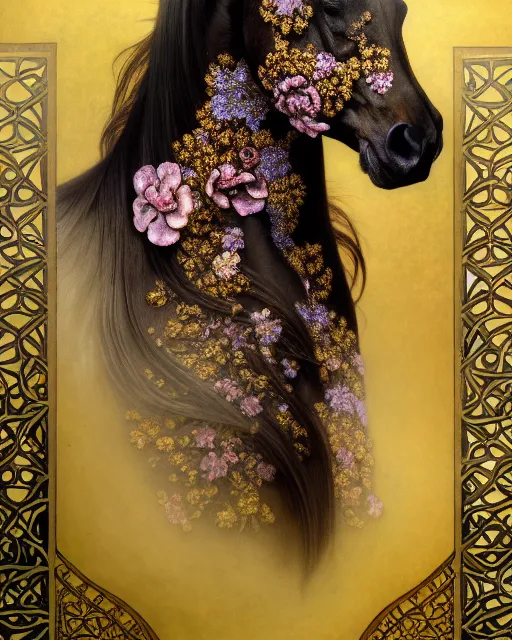 Prompt: side portrait of the horse of iridescent decay, uniquely beautiful animal, with flowers and plants, emotionally evoking symbolic metaphors, in focus, heavily gothic ornamental, intricate, elegant, highly detailed photorealistic digital painting, artstation, concept art, painterly, golden ratio, sharp focus, illustration, art by greg rutkowski and alphonse mucha,