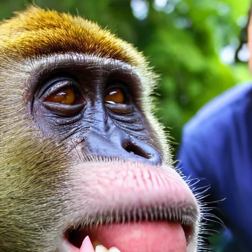 Prompt: a man smiling at a monkey