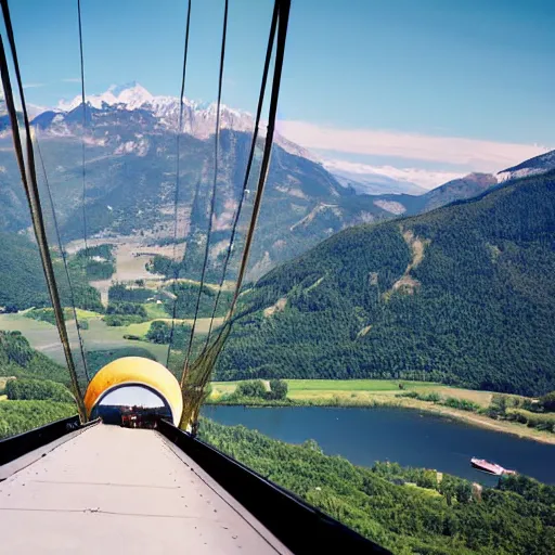 Image similar to the bridge of a military zeppelin's gondola, with a view to a mountain valley outside