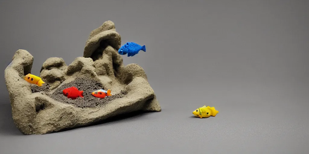 Prompt: plasticine sculpture. fish tank in hospital waiting room. gravel. fighter fish. john craxton. sand. stop motion. minimal.