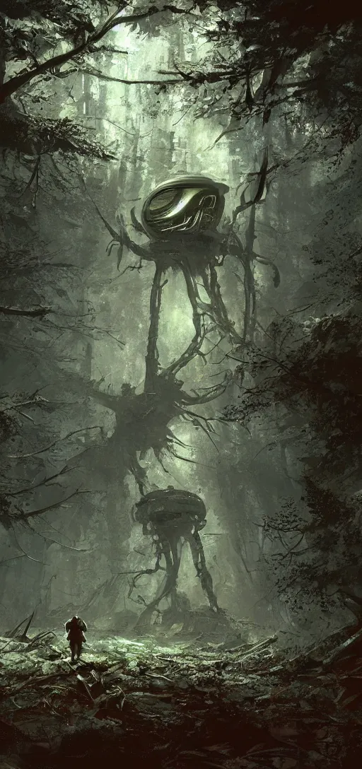 Prompt: an alien spaceship half-buried in the woods, by Craig Mullins, cinematic lighting, concept art, trending on artstation