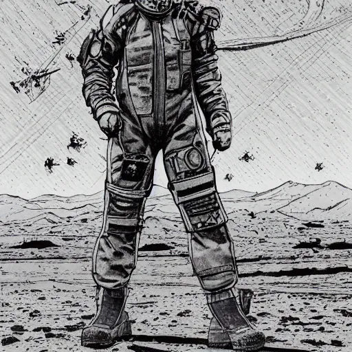 Image similar to illustration of butch tomboy stoic emotionless square - jawed heroic blonde woman wearing patched ripped dirty flight suit, staggering across desert on hostile extraterrestrial planet, pen and ink, ron cobb, mike mignogna, comic book, black and white, science fiction, punk, grunge, used future, illustration, comic book cover, - ar 1 6 : 9