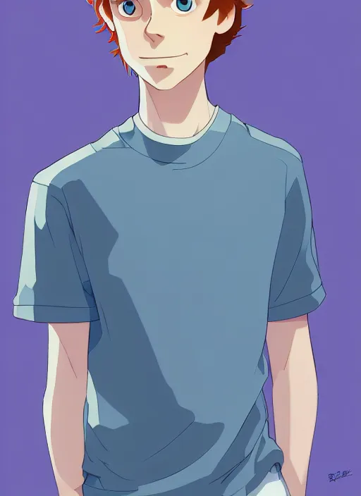 Image similar to portrait of a teen boy with completely straight auburn hair, light blue eyes, pale skin, freckles, sad expression, t - shirt, modern casual clothing, natural lighting, path traced, highly detailed, high quality, cartoon, digital painting, by don bluth and ross tran and studio ghibli