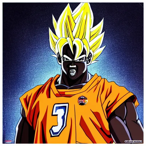 Image similar to ultra realistic portrait painting of shaquille o'neal as super saiyan goku, art by akira toriyama, 4 k, dragon ball artstyle, cel shaded, highly detailed, epic lighting