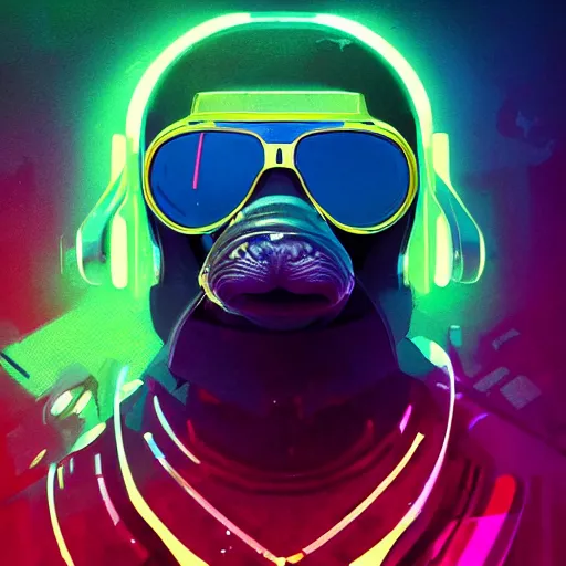 Prompt: detailed portrait of a platypus, aviator sunglasses, synthwave, retrowave, cyberpunk, illustration by jordan grimmer and greg rutkowski, trending on artstation