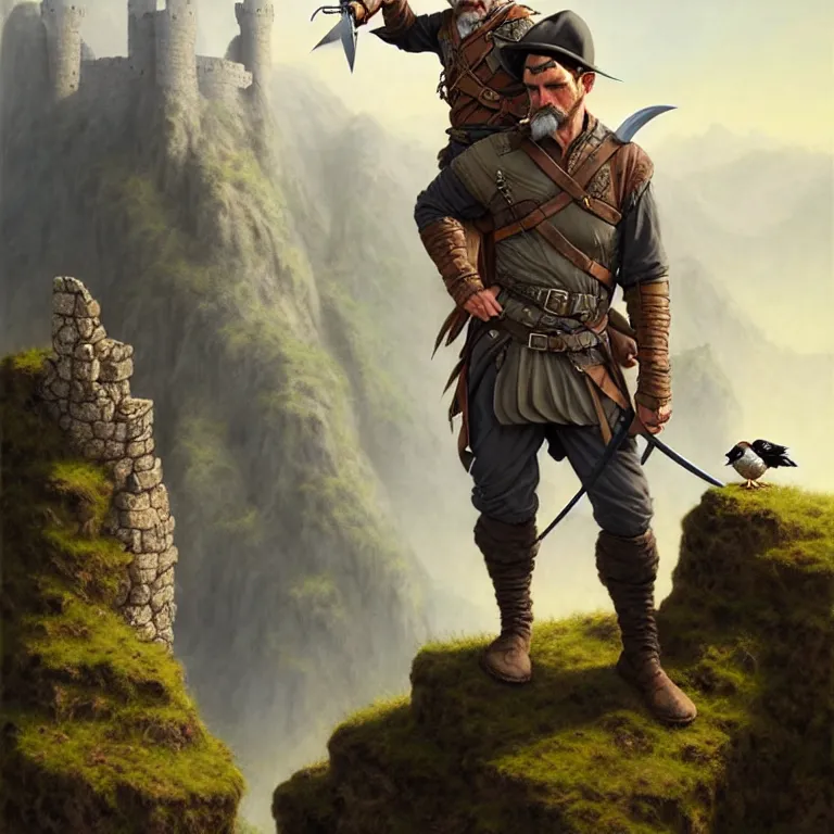 Image similar to middle age ranger with rugged expresions falcon pet on his sholder holding a long sword, top a cliff observing old ruins of a castle, elegant clothing, photorealistic render, matte patining, highly detailed, artstation, smooth, sharp focus, art by michael whelan, artgerm, greg rutkowski