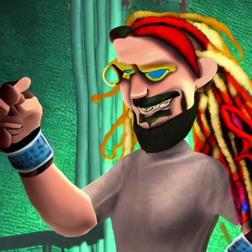 Prompt: character screenshot of ufc sean o'malley in psychonauts, rainbow hair dreadlocks, ps 3 video game, dream world, 7 2 0 p, cutscene, cartoony designed by scott campbell