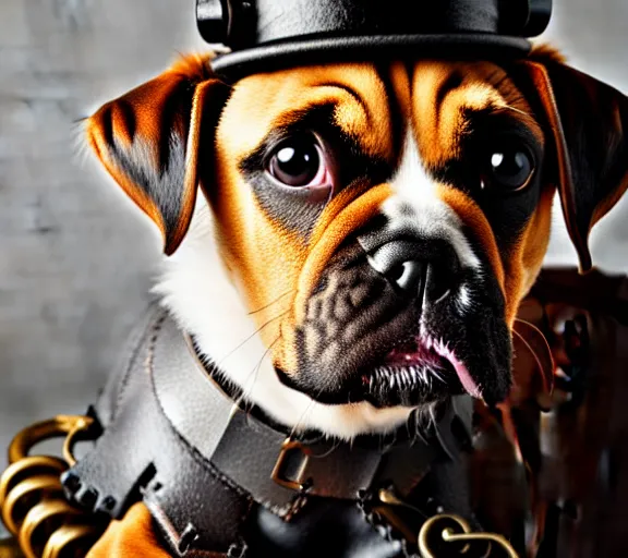 Image similar to a zeiss 8 5 mm f 1. 4 close up photo of a cute steampunk puppy shot by richard avedon