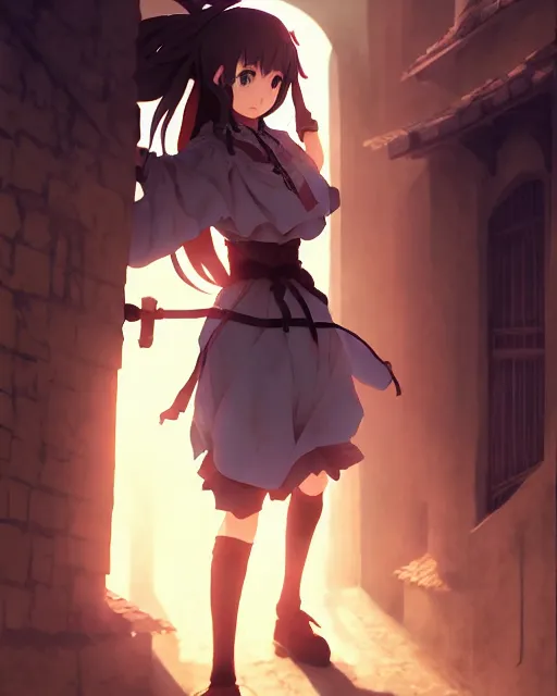 Prompt: pixiv, key anime visual portrait of a young female walking through a medieval village, dynamic pose, dynamic perspective, cinematic, dramatic lighting, detailed silhouette, film grain, yoshitaka amano, tending on artstation, face by yoh yoshinari, detailed, intricate