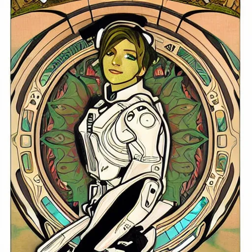 Prompt: art nouveau master chief in the style of alphonse mucha