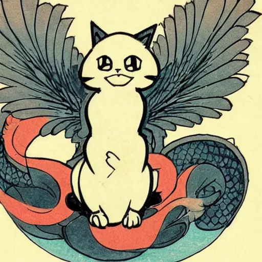Prompt: a pokemon that looks like a beautiful cat with dragon wings, illustration by hokusai