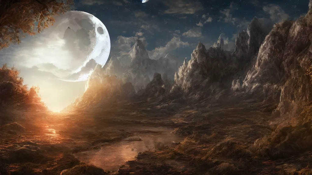 Image similar to moon, fantasy artwork, very very very beautiful scenery, hd, hdr, ue 5, ue 6, unreal engine 5, cinematic 4 k wallpaper, 8 k, ultra detailed, high resolution, artstation, award winning